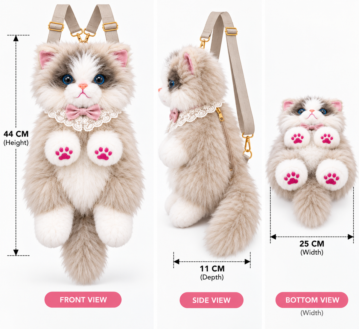 Fluffy Seal Point Cat Backpack & Crossbody Bag | Cute Plush Ragdoll Kitty Daypack with Pink Paw Pads, Lace Collar, Pink Bowtie & Adjustable Straps for Girls & Women