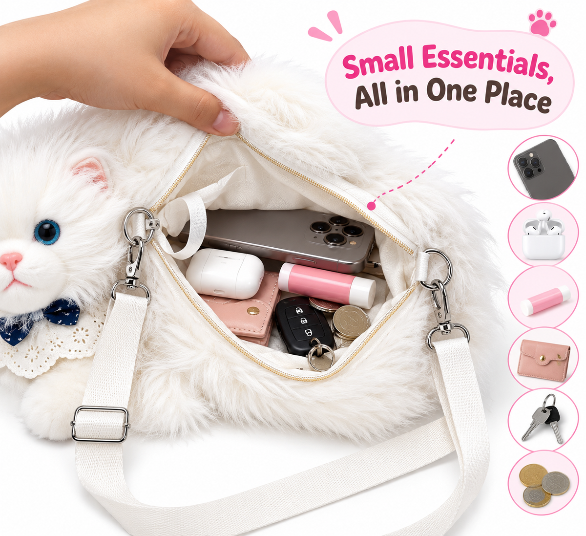 Meowing Plush Persian Cat Handbag & Crossbody Bag | Fluffy White Kitty Purse with Adjustable Strap & Lace Collar for Girls & Women
