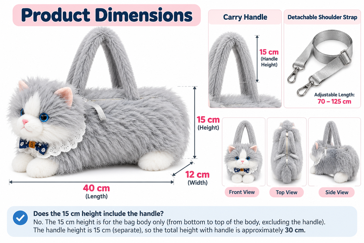 Meowing Plush Grey & White Cat Handbag & Crossbody Bag | Fluffy Kitty Purse with Adjustable Strap & Lace Collar for Girls & Women