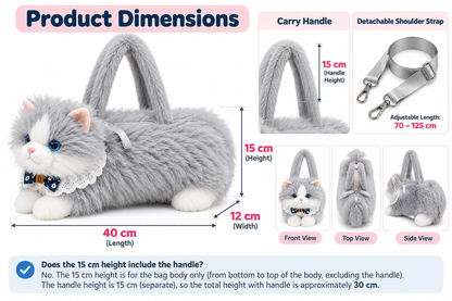 Meowing Plush Grey & White Cat Handbag & Crossbody Bag | Fluffy Kitty Purse with Adjustable Strap & Lace Collar for Girls & Women