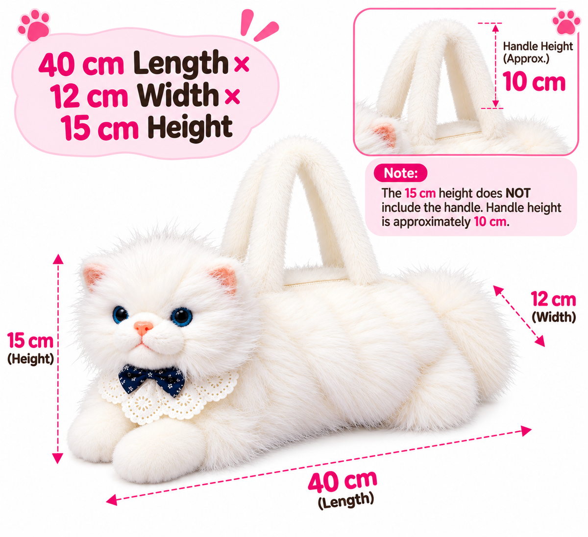 Meowing Plush Persian Cat Handbag & Crossbody Bag | Fluffy White Kitty Purse with Adjustable Strap & Lace Collar for Girls & Women