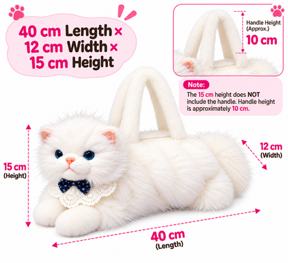 Meowing Plush Persian Cat Handbag & Crossbody Bag | Fluffy White Kitty Purse with Adjustable Strap & Lace Collar for Girls & Women