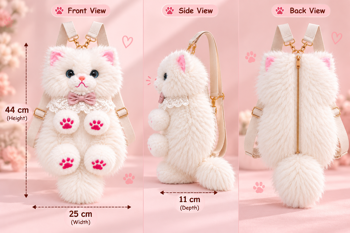 Fluffy White Persian Cat Backpack & Convertible Bag | Cute Plush Kitty Daypack with Pink Paw Pads, Lace Collar, Pink Bowtie & Adjustable Straps for Girls & Women