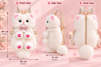 Fluffy White Persian Cat Backpack & Convertible Bag | Cute Plush Kitty Daypack with Pink Paw Pads, Lace Collar, Pink Bowtie & Adjustable Straps for Girls & Women