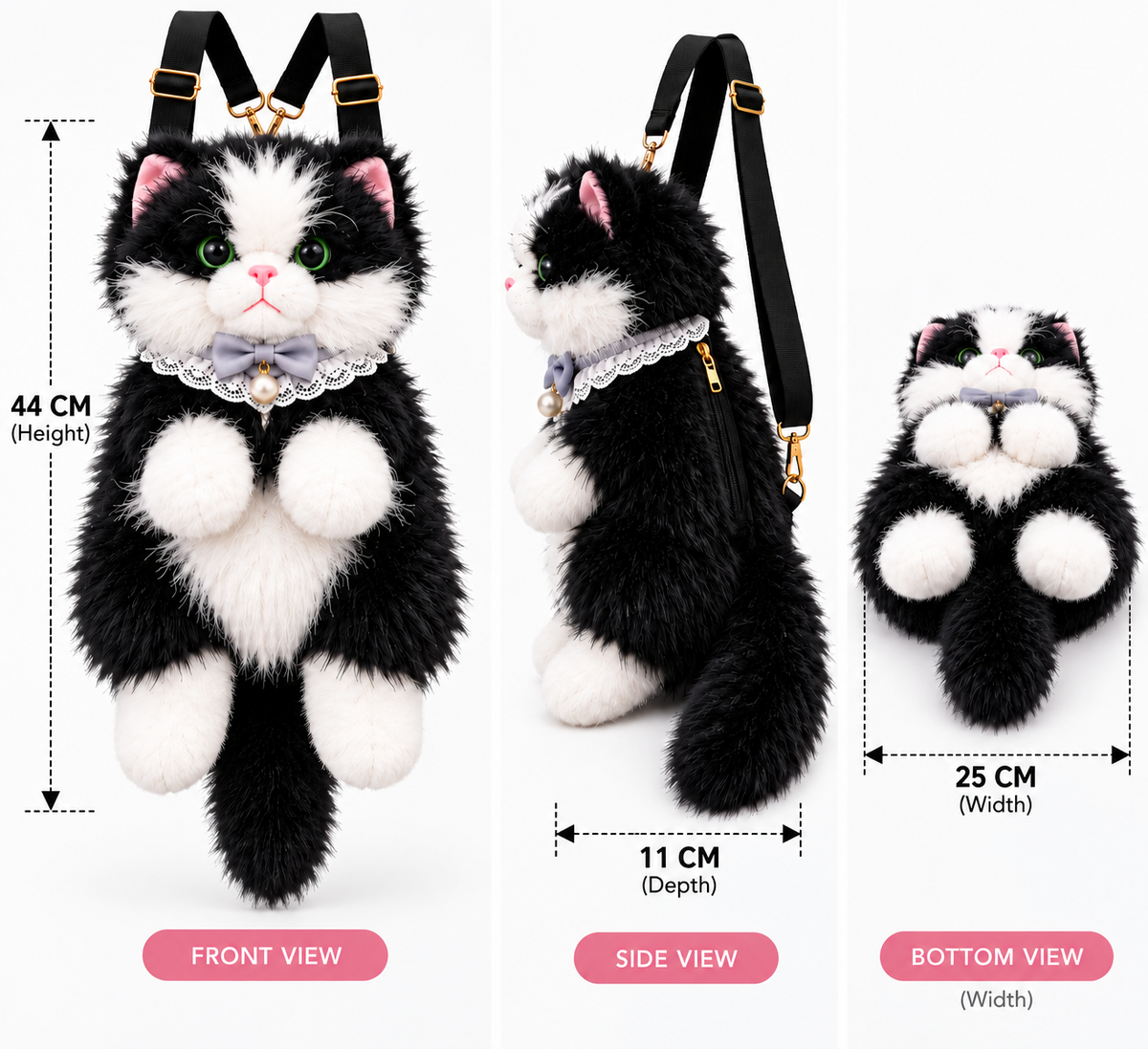 Meowing Plush Grey & White Cat Handbag & Crossbody Bag | Fluffy Kitty Purse with Adjustable Strap & Lace Collar for Girls & Women