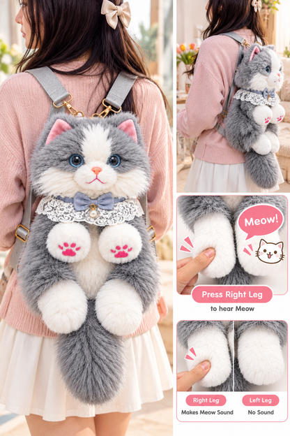 Fluffy Grey & White Cat Backpack & Crossbody Bag | Cute Plush Kitty Daypack with Pink Paw Pads, Lace Collar, Pearl Bowtie & Adjustable Straps for Girls & Women