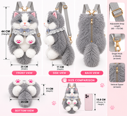 Fluffy Grey & White Cat Backpack & Crossbody Bag | Cute Plush Kitty Daypack with Pink Paw Pads, Lace Collar, Pearl Bowtie & Adjustable Straps for Girls & Women