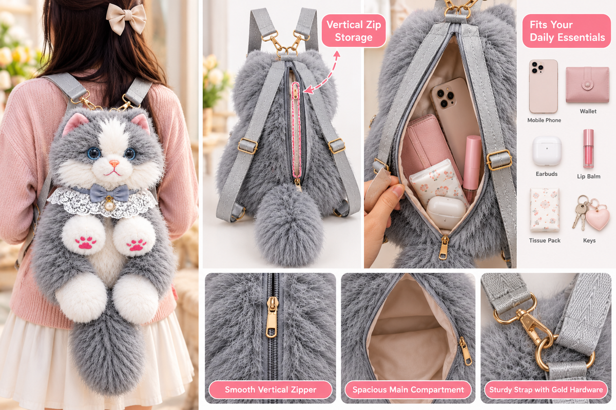 Fluffy Grey & White Cat Backpack & Crossbody Bag | Cute Plush Kitty Daypack with Pink Paw Pads, Lace Collar, Pearl Bowtie & Adjustable Straps for Girls & Women