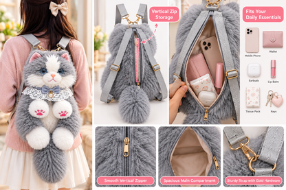 Fluffy Grey & White Cat Backpack & Crossbody Bag | Cute Plush Kitty Daypack with Pink Paw Pads, Lace Collar, Pearl Bowtie & Adjustable Straps for Girls & Women