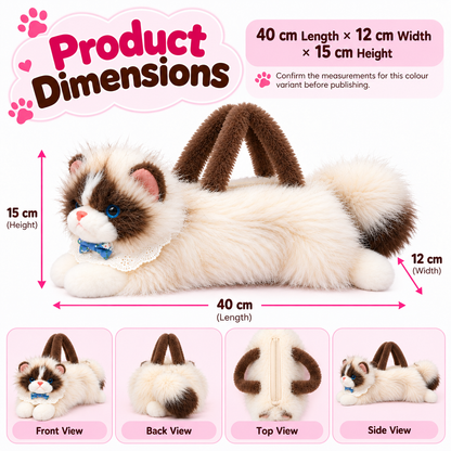 Meowing Plush Ragdoll Cat Handbag & Crossbody Bag | Fluffy Ragdoll Kitty Purse with Adjustable Strap & Lace Collar for Girls & Women