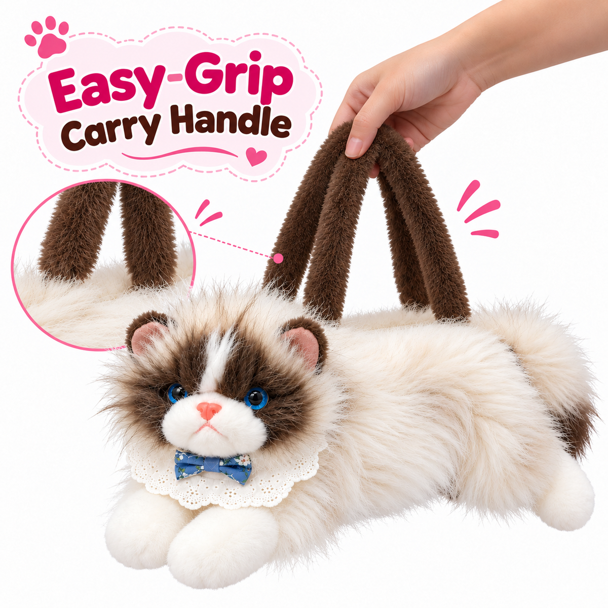 Meowing Plush Ragdoll Cat Handbag & Crossbody Bag | Fluffy Ragdoll Kitty Purse with Adjustable Strap & Lace Collar for Girls & Women