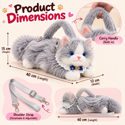 Meowing Plush Grey & White Cat Handbag & Crossbody Bag | Fluffy Kitty Purse with Adjustable Strap & Lace Collar for Girls & Women