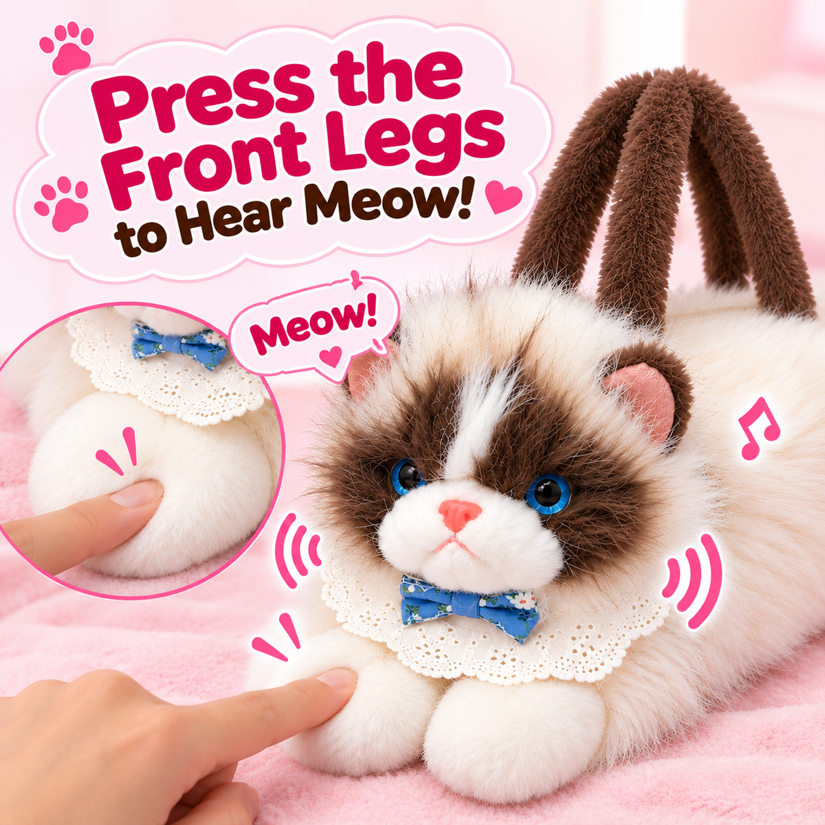 Meowing Plush Ragdoll Cat Handbag & Crossbody Bag | Fluffy Ragdoll Kitty Purse with Adjustable Strap & Lace Collar for Girls & Women