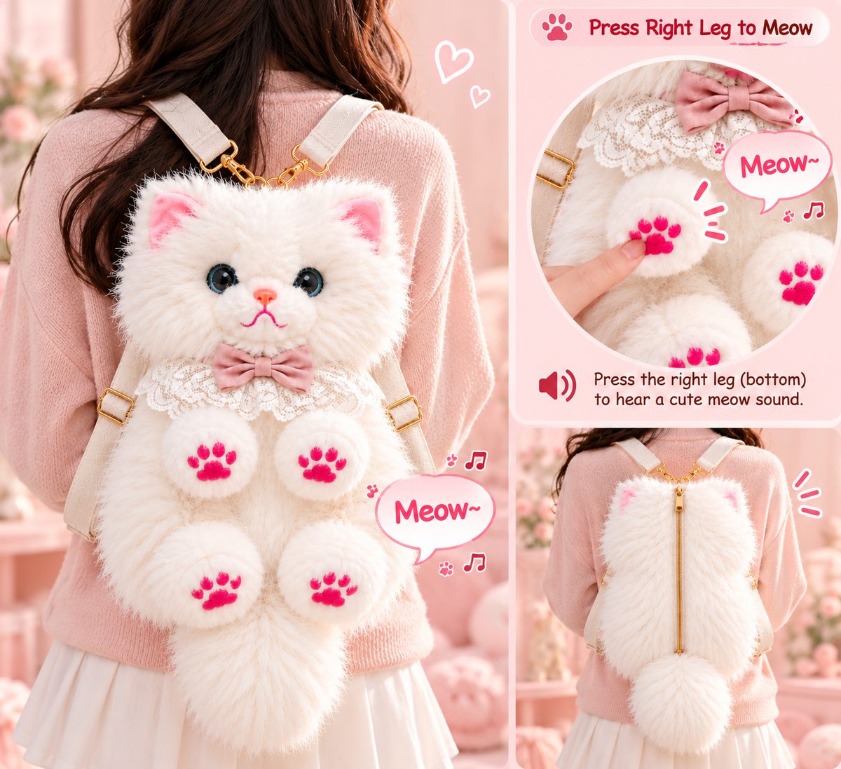 Fluffy White Persian Cat Backpack & Convertible Bag | Cute Plush Kitty Daypack with Pink Paw Pads, Lace Collar, Pink Bowtie & Adjustable Straps for Girls & Women