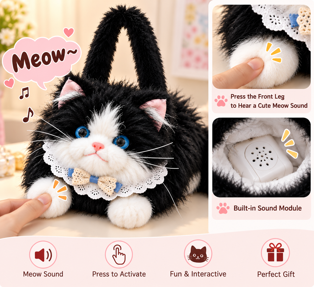 Cute Plush Tuxedo Cat Handbag | Kawaii Fluffy Kitty Bag with Lace Collar & Bowtie for Women & Girls