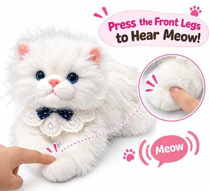 Meowing Plush Persian Cat Handbag & Crossbody Bag | Fluffy White Kitty Purse with Adjustable Strap & Lace Collar for Girls & Women