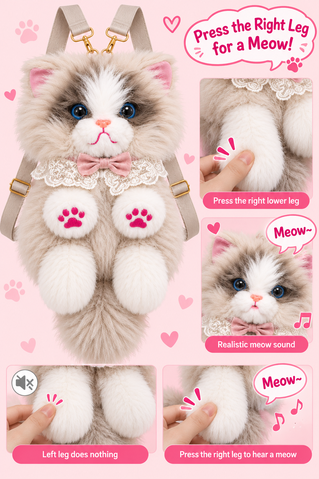 Fluffy Seal Point Cat Backpack & Crossbody Bag | Cute Plush Ragdoll Kitty Daypack with Pink Paw Pads, Lace Collar, Pink Bowtie & Adjustable Straps for Girls & Women