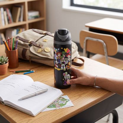 Disney Toy Story 800ml Kids Water Bottle with Straw & Drinking Spout | Insulated Reusable Sipper Bottle with Carry Handle | Black Character Print Bottle