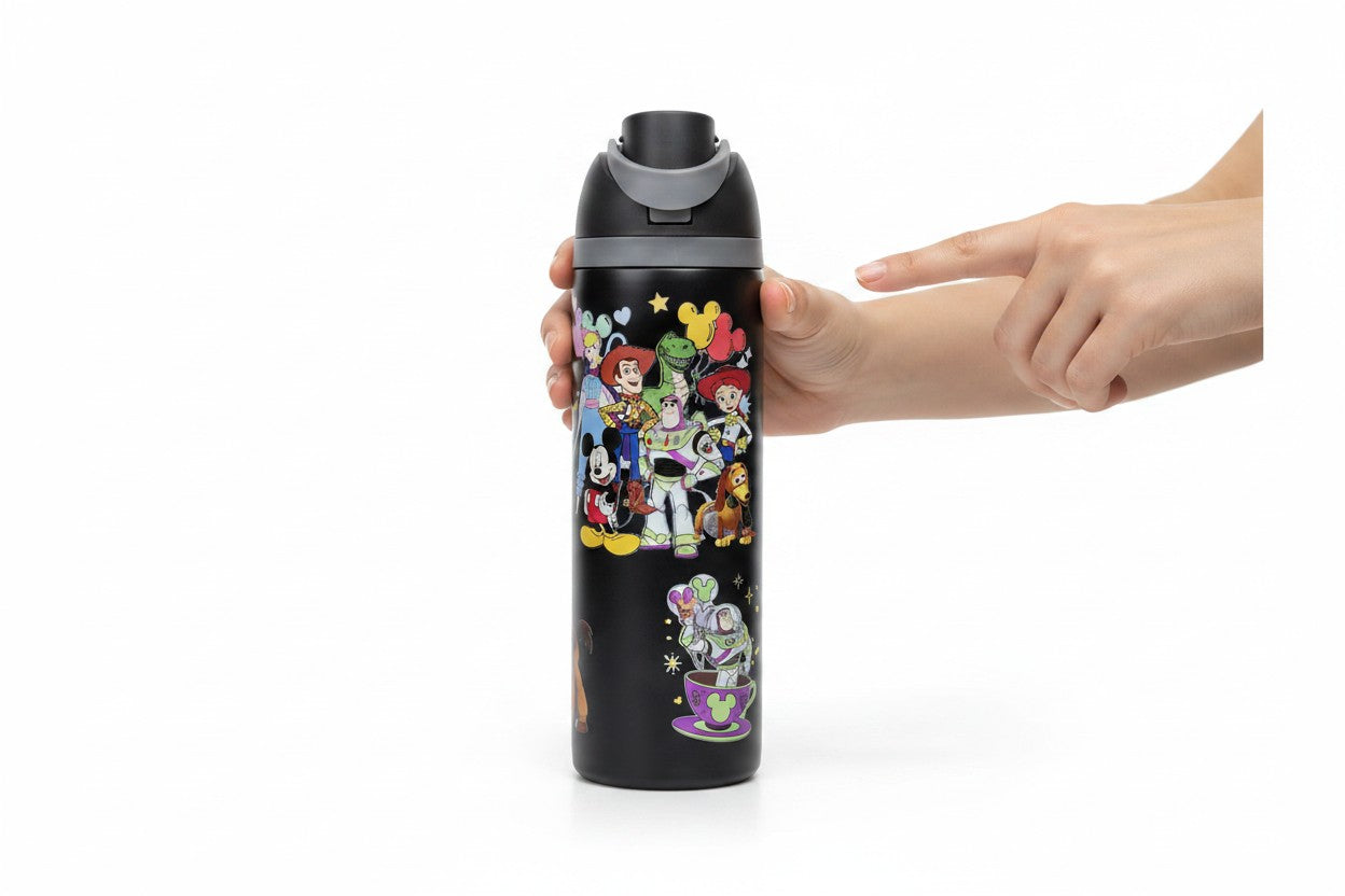 Disney Toy Story 800ml Kids Water Bottle with Straw & Drinking Spout | Insulated Reusable Sipper Bottle with Carry Handle | Black Character Print Bottle