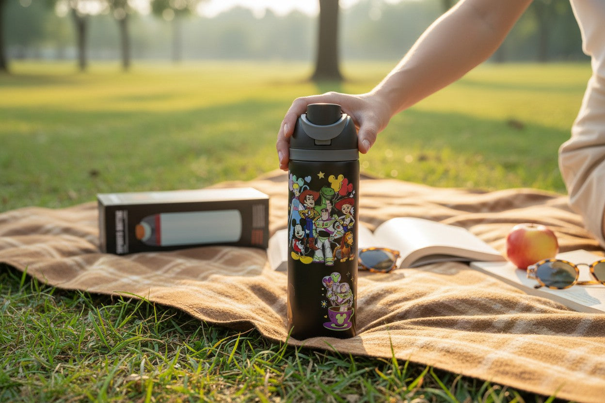 Disney Toy Story 800ml Kids Water Bottle with Straw & Drinking Spout | Insulated Reusable Sipper Bottle with Carry Handle | Black Character Print Bottle
