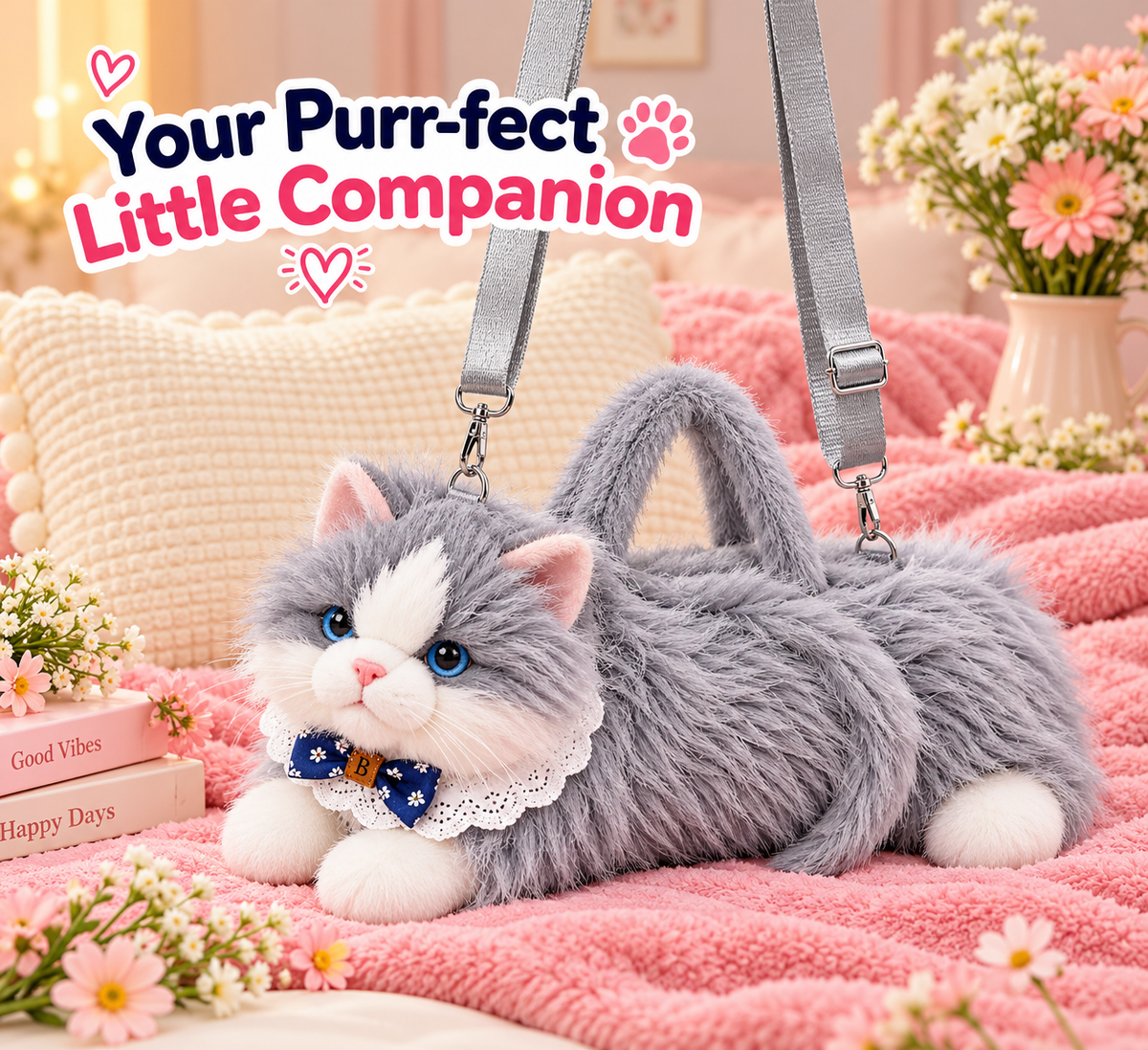 Meowing Plush Grey & White Cat Handbag & Crossbody Bag | Fluffy Kitty Purse with Adjustable Strap & Lace Collar for Girls & Women