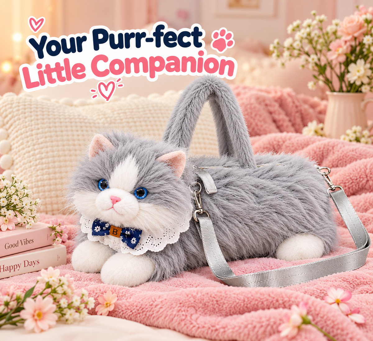 Meowing Plush Grey & White Cat Handbag & Crossbody Bag | Fluffy Kitty Purse with Adjustable Strap & Lace Collar for Girls & Women