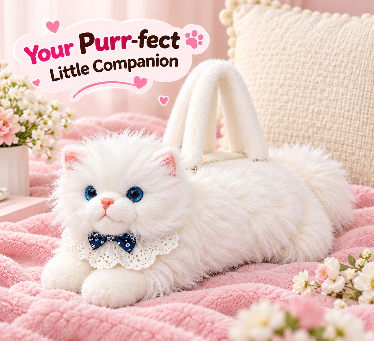 Meowing Plush Persian Cat Handbag & Crossbody Bag | Fluffy White Kitty Purse with Adjustable Strap & Lace Collar for Girls & Women