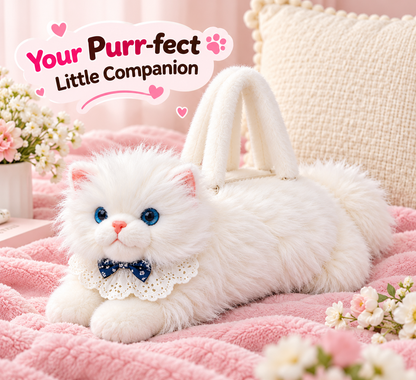 Meowing Plush Persian Cat Handbag & Crossbody Bag | Fluffy White Kitty Purse with Adjustable Strap & Lace Collar for Girls & Women