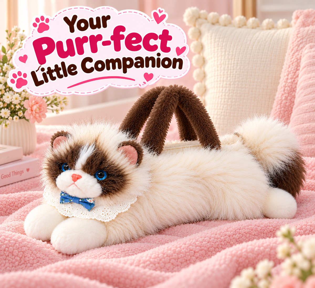 Meowing Plush Ragdoll Cat Handbag & Crossbody Bag | Fluffy Ragdoll Kitty Purse with Adjustable Strap & Lace Collar for Girls & Women