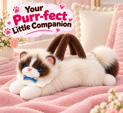 Meowing Plush Ragdoll Cat Handbag & Crossbody Bag | Fluffy Ragdoll Kitty Purse with Adjustable Strap & Lace Collar for Girls & Women