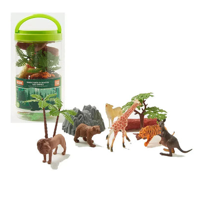 Wild Animal Figures Playset – 13 Piece Educational Toy Set with Animals, Trees & Accessories in Storage Jar for Kids