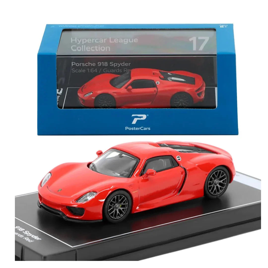 PosterCars 1:64 Porsche 918 Spyder – Guards Red – Acrylic Box Display | #H17 - Jaiman Toys