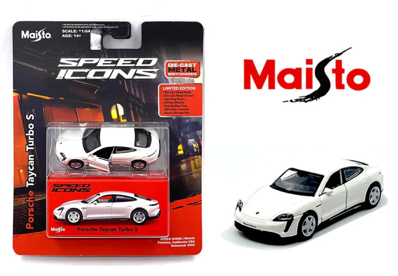 Maisto 1:64 Porsche Taycan Turbo S – White | Speed Icons Electric Supercar Diecast Model - Jaiman Toys