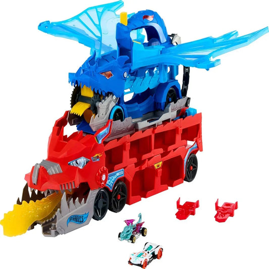 Hot Wheels City Toy Car Track Set – Ultimate Dual Dragon Transporter & 2 Die-Cast Cars JBM72