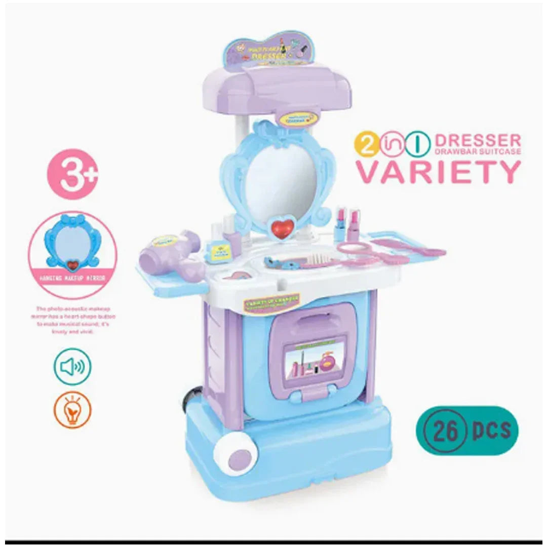 Princess Vanity Dresser Suitcase Playset with Mirror & Accessories for Kids (With Sound)