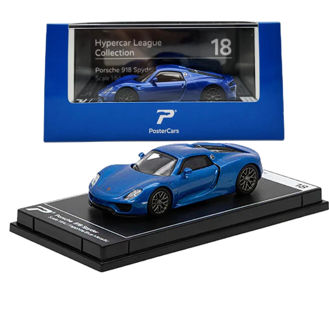 PosterCars 1:64 Porsche 918 Spyder – Sapphire Blue Metallic – Acrylic Box | #H18 - Jaiman Toys