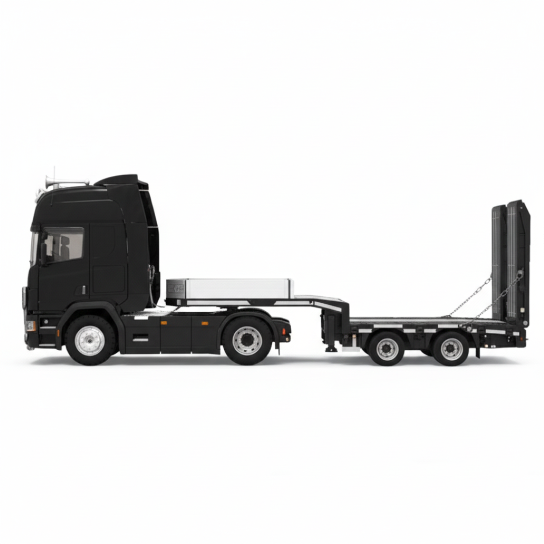 Time Micro 1:64 Scania Flatbed Transport Vehicle Diecast Model | Premium Metal Transporter with Display Base - Black
