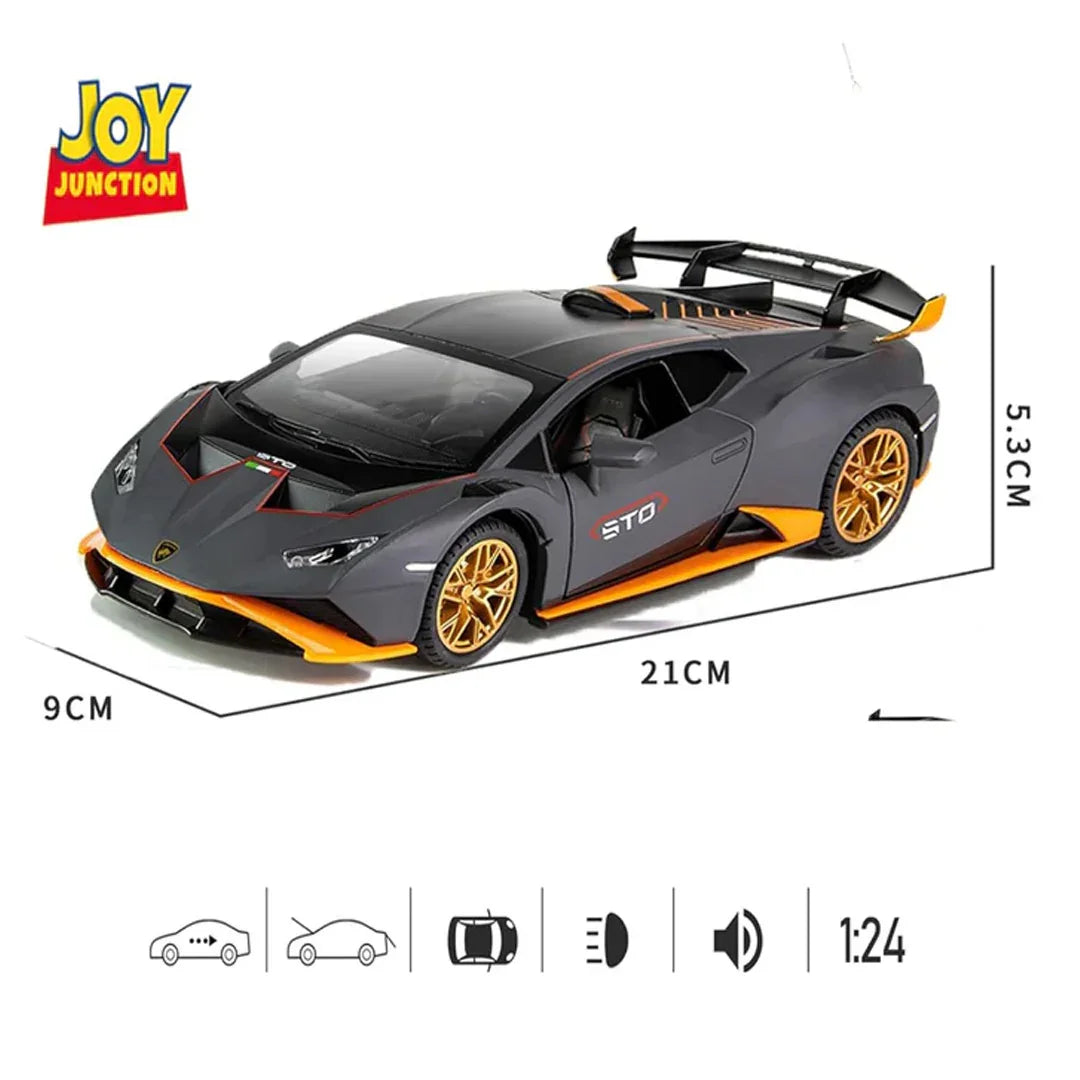 Joy Junction 1:24 Lamborghini STO Die-Cast Alloy Model Car – Pull Back Toy Car with Openable Doors, Light & Sound (Grey) - Jaiman Toys