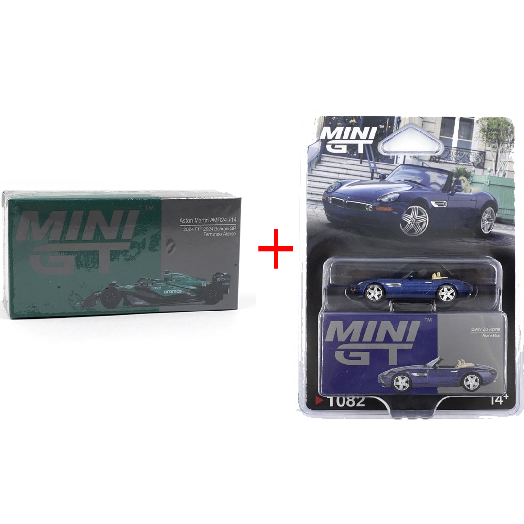 Mini GT 1:64 BMW Z8 Alpina Alpine Blue + Aston Martin AMR24 #14 Fernando Alonso F1 2024 Diecast Combo