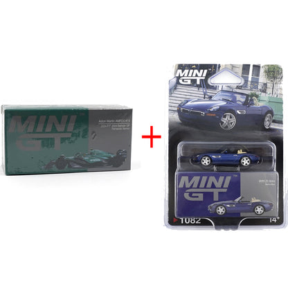 Mini GT 1:64 BMW Z8 Alpina Alpine Blue + Aston Martin AMR24 #14 Fernando Alonso F1 2024 Diecast Combo