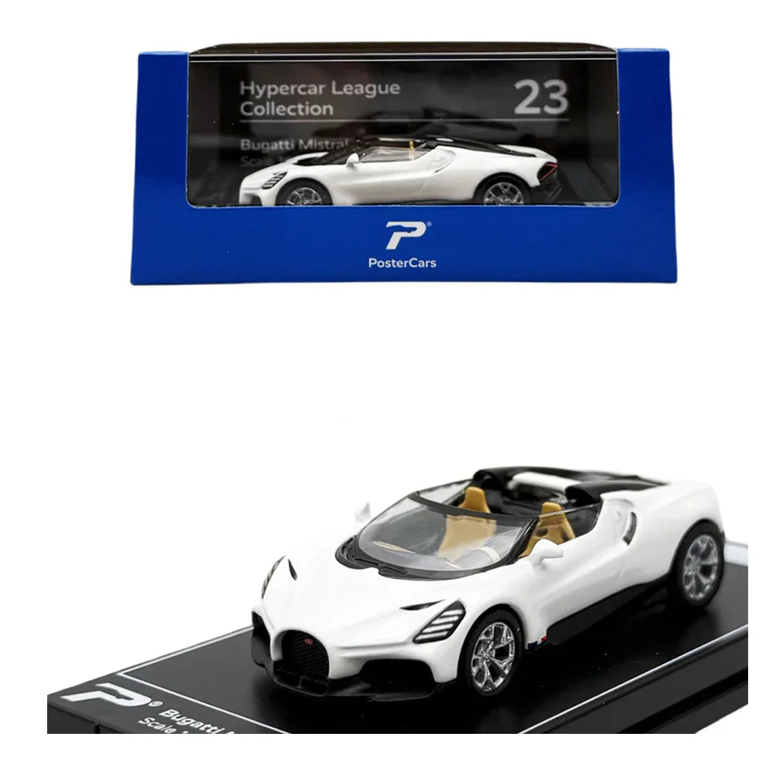 PosterCars 1:64 Bugatti Mistral – White – Acrylic Box | Hypercar League Collection #23 - Jaiman Toys