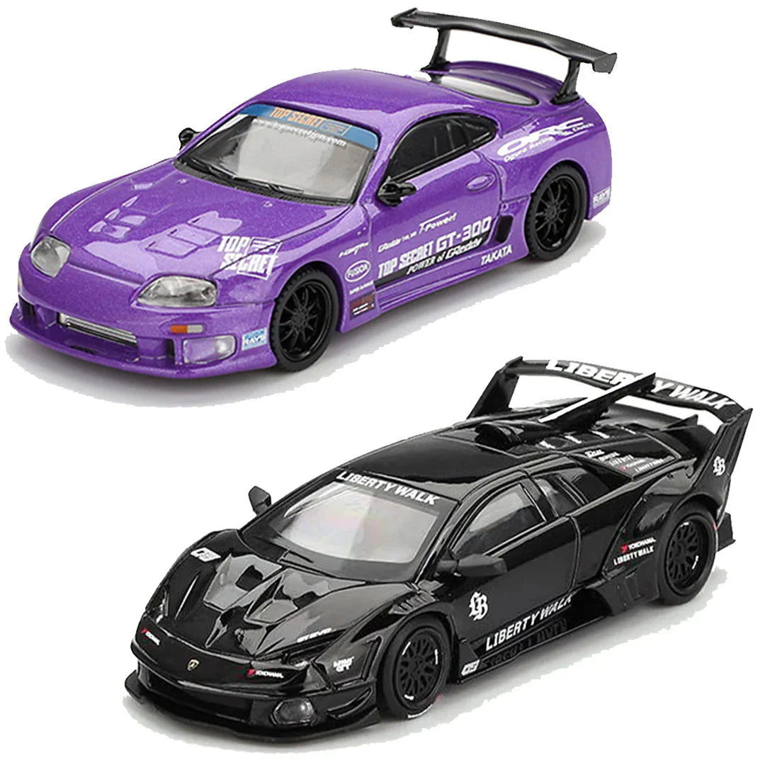 Mini GT 1:64 Toyota Supra A80 Top Secret GT-300 Purple (Blister) + Lamborghini Murcielago GT Evo Black – Set of 2 Diecast Cars