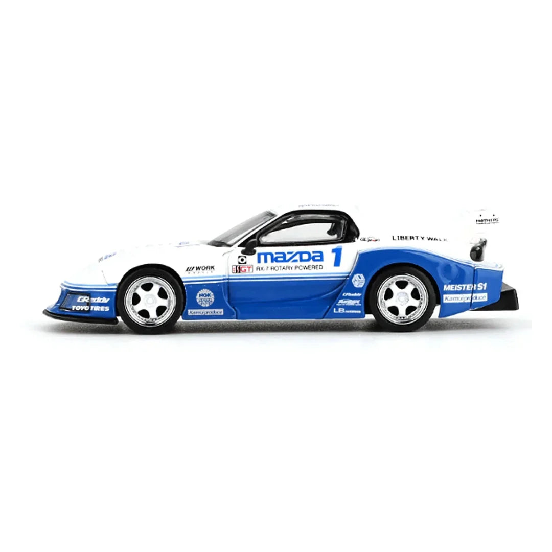 MINI GT 1:64 Mazda RX-7 LB-Super Silhouette IMSA – White / Blue - Jaiman Toys