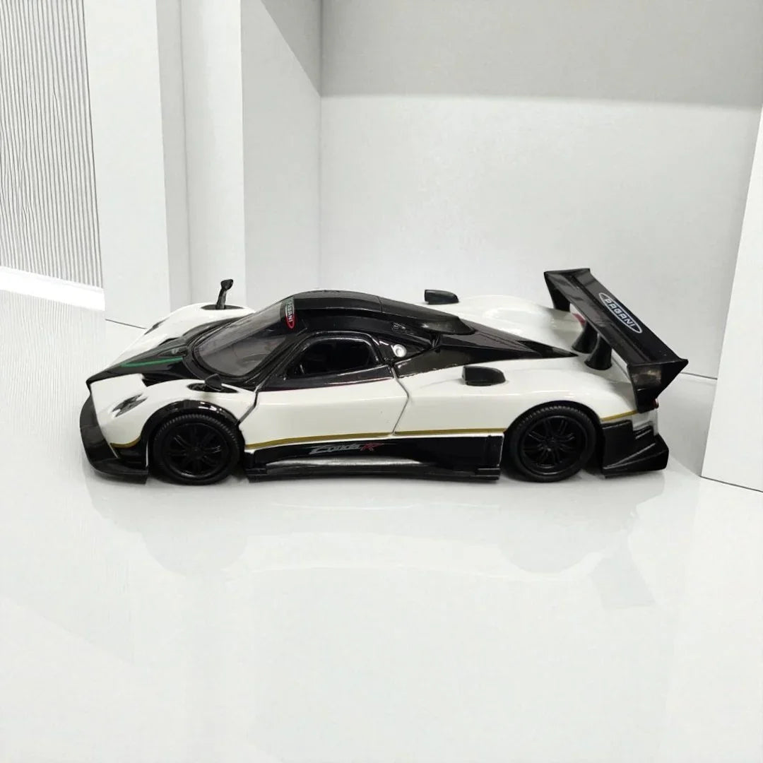 RMZ Hobby 1:32 Pagani Zonda R Die-Cast Model Car – White Body And Black Roof with Openable Doors, Pull-Back Action, Light & Sound (664975) - Jaiman Toys
