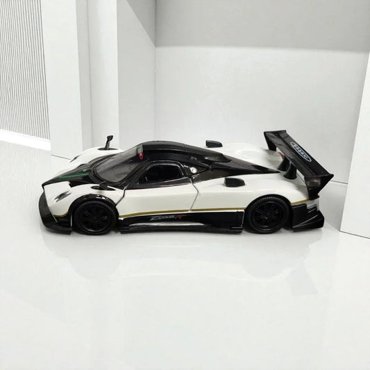 RMZ Hobby 1:32 Pagani Zonda R Die-Cast Model Car – White Body And Black Roof with Openable Doors, Pull-Back Action, Light & Sound (664975) - Jaiman Toys