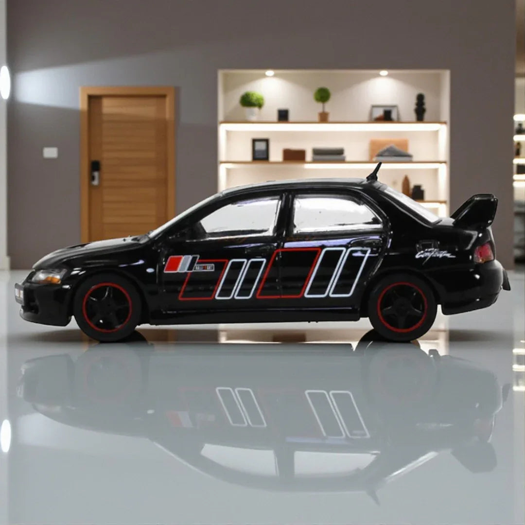 HJ64 1:64 Mitsubishi Lancer Evolution IX Die-Cast Model Car – Black with Racing Stripes (Collector’s Edition)