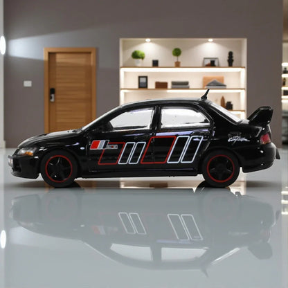 HJ64 1:64 Mitsubishi Lancer Evolution IX Die-Cast Model Car – Black with Racing Stripes (Collector’s Edition)