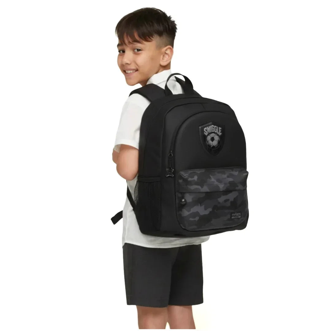 Smiggle 16" Assist Classic School Backpack – Football Metal Zip, Camo Design, Dual Bottle Sleeves