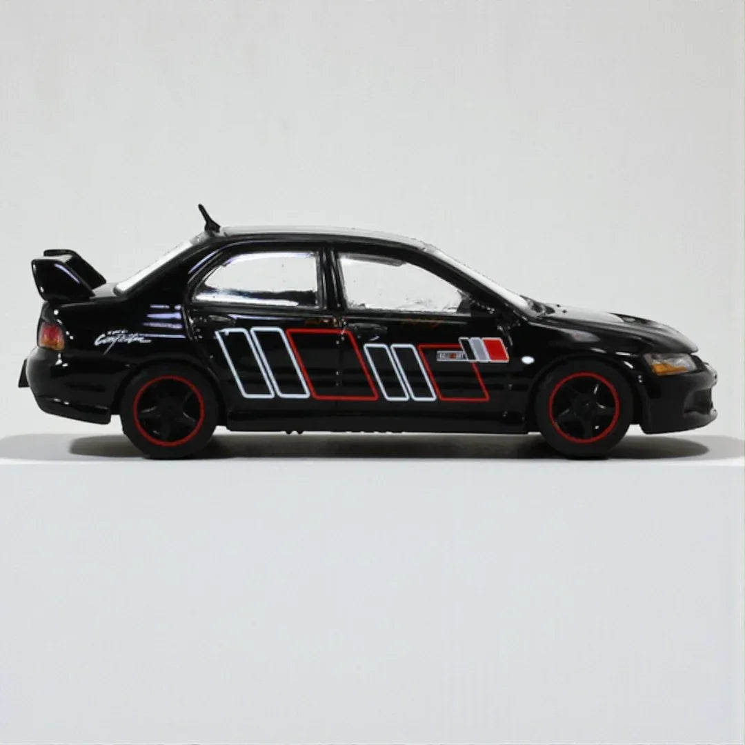 HJ64 1:64 Mitsubishi Lancer Evolution IX Die-Cast Model Car – Black with Racing Stripes (Collector’s Edition)