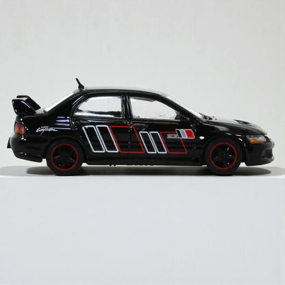 HJ64 1:64 Mitsubishi Lancer Evolution IX Die-Cast Model Car – Black with Racing Stripes (Collector’s Edition)